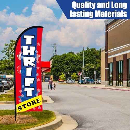 Buryeah 11ft Thrift Store Feather Flag Banner Sign for Business Advertising Swooper Flag Sign with Flagpole Ground Stake Portable Bag Thrift Store Signs Banner Set for Outside Business