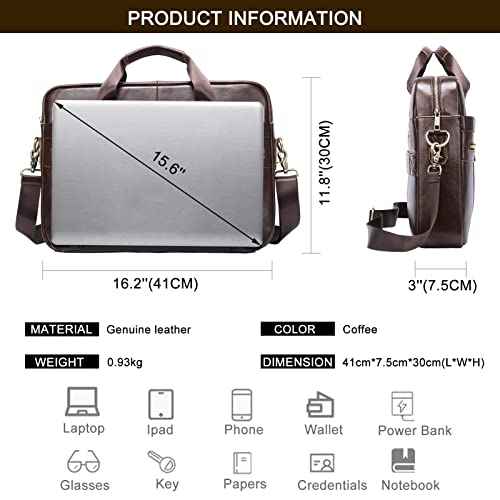 Genuine Leather Briefcase for Men, Laptop Computer Shoulder Bag With Strap, 15.6 Inch Business Travel Work Handbag