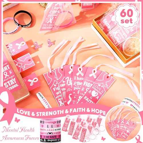 XunYee 240 Pcs Breast Cancer Awareness Items Set Pink Ribbon Silicone Wristband Bracelets with Pins Bookmarks Cancer Awareness Accessories Bulk Gifts for Women Charity Events