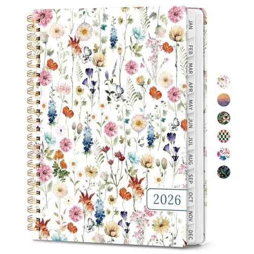 2026 Planner, Weekly and Monthly Calendar Planner for Women, Jan 2026 - Dec 2026, Hardcover Planning Agenda book with Tabs, Spiral Bound, Inner Pocket, Perfect for School Office Supplies, 6.3" x 8.5" - Wildflowers
