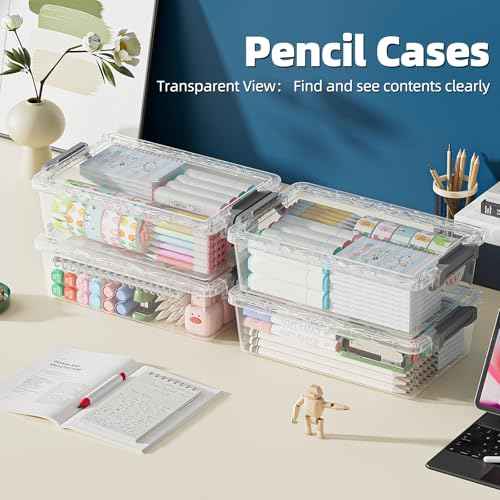 4 Pack Extra Large Pencil Box, Plastic Pencil Case Organizer, Clear Crayon Box Marker Organizer, Stackable Craft Organizers and Storage for Pen, Craft, Art Supply(Grey)