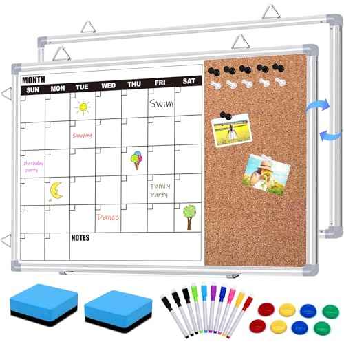 Calendar Whiteboard for Wall, 24" x 18" Double Sided Monthly Dry Erase Board Calendar for Office, Home, School, Hanging Cork Board White Board Combo, Portable Magnetic Dry Erase Planner Board