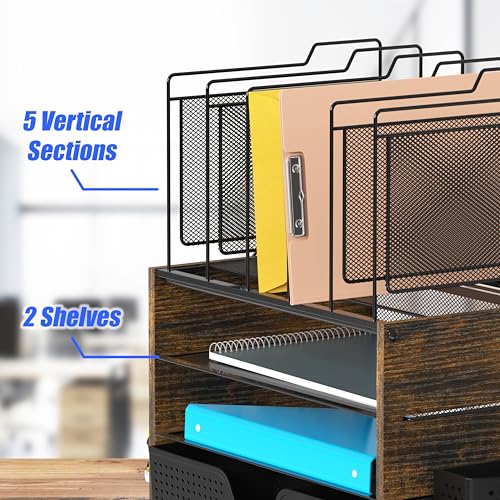 Simple Houseware Mesh Desk Organizer with Wooden Side Panel, Rustic Brown