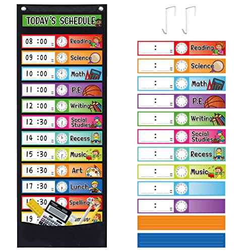 Daily Schedule Pocket Chart Kit,40 Bright Attractive Double-Sided Reusable Erasable Cards,1 Title Card,13+1 Scheduling Pocket Chart with 2 Hangers for Classroom Office Home Preschool Learning (Black)