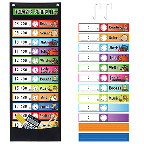 Black Daily Schedule Pocket Chart Kit with 40 Erasable Cards for Classroom & Home