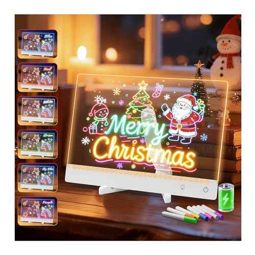 Rechargeable LED Note Board with Colors, 13.7"x10"Lumiboard LED Drawing Board Acrylic Dry Erase Board with Light, 7 Colors Message Board with Markers Birthday Christmas Halloween Gifts for Kids