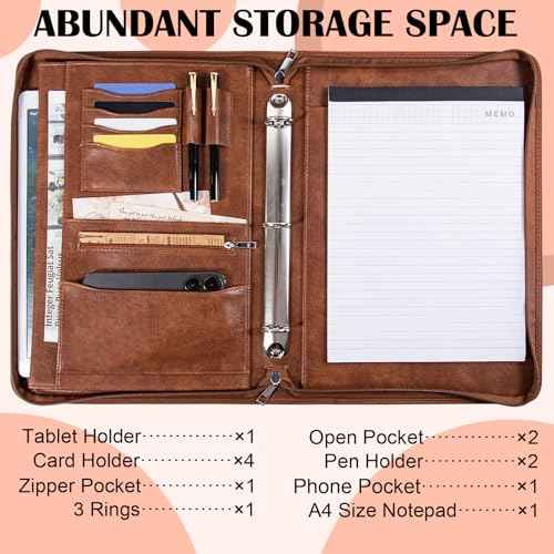 Calfinder 3 Ring Portfolio Binder,PU Leather Padtfolio Binder with Zipper,Padfolios for Women&Men,Professional Business Portfolio Organizer for Resume/Interview, A4 Letter Document Organizer