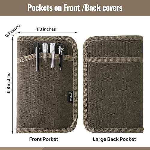 Journal Cover for Field Notes & Moleskine Cahier 3.5 x 5.5, Waxed Canvas Notebook Planner Sketchbook Cover with Zipper Pen Holder (Olive)