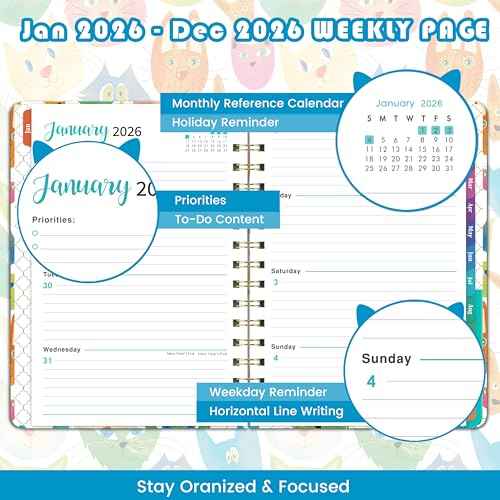 2026 Planner - 2026 Planner Weekly and Monthly, Jan.2026 - Dec.2026, 12 Month Planner Weekly & Monthly with Colourful Tabs, 6.4" x 8.5", Hardcover + Back Pocket - Cat