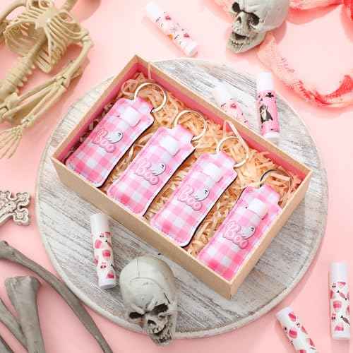 36 Pcs Halloween Lip Balms Gifts Bulk Halloween Party Favors Lip Balm Holder Keychain Spooky Ghost Skull Bat Lipstick Moisturizers for Adults Treat Bags Stuffers Party Supplies(Pink Style)