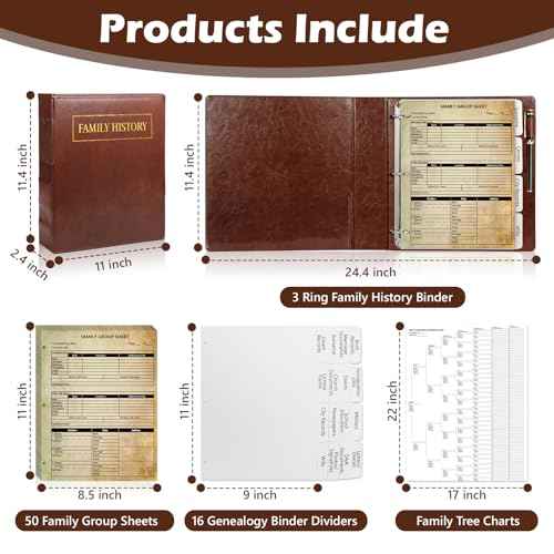 3 Ring Family History Binder 50 Sheet 12th Generation Family Group Sheets 16 Sheets Genealogy Binder Dividers Family Tree Charts to Fill in with PVC Pocket Pen Loop Brown
