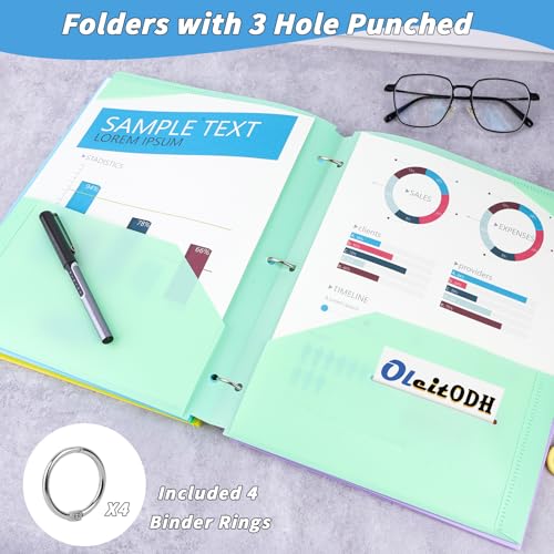 60 Pack Plastic Folders with Pockets 3 Hole Punched - Oleitodh 20 Colors 2 Pocket Folder with 2 Business Card Holder, Fit in 3 Ring Binder, Heavy Duty Folders for School Home Office & Business