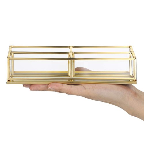 Hipiwe 4 Slots Glass Business Card Holder Stand - Vintage Gold Metal Name Card Display Stand Office Desktop Countertop Business Card Organizer