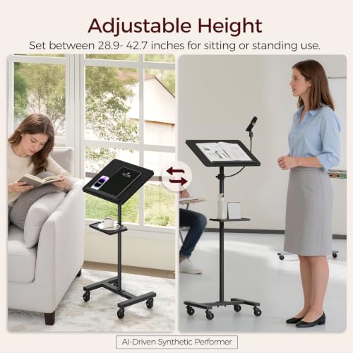 MAHANCRIS Black Podium Lectern with Adjustable 28.9–42.7 in Stand, Microphone and Laptop Tray
