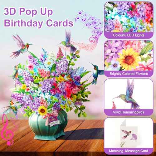 Birthday Cards, Light and Music Happy Birthday Card, Hummingbird Oasis, 10 Inch Life Sized Forever Flower Bouquet, 3D Pop Up Birthday Gift Card for Women Wife Mom Daughter Sister (Blank Notecard & Envelope)