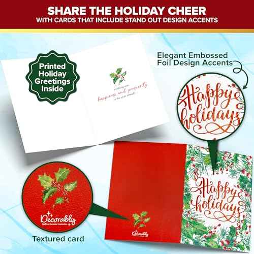 Decorably 40 Pack Foil Embossed 5x7in Assorted Holiday Cards Bulk with Envelopes and Stickers, 8 Elegant Designs Happy Holidays Cards with Envelopes, with Printed Message Inside