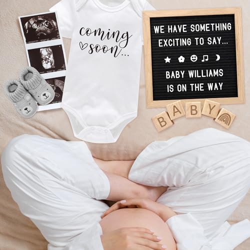 Coming Soon Baby Announcement Ideas, Surprise Pregnancy Announcement for Grandparents Dad Husband Family- Gender Reveal Baby Shower Gifts- Felt Letter Board, Onesie,Booties, Wooden Blocks