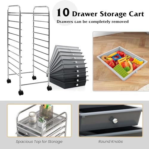 10 Drawers Rolling Storage Cart, Mobile Utility Cart, Sundries Storage Cart w/Lockable Casters for School, Office, Home, Multipurpose Storage Organizer Cart (Black)