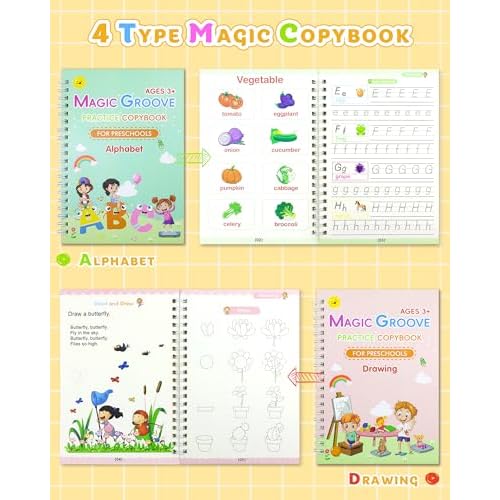 Magic Practice Copybook, Reusable Writing Practice Book, Handwriting Aid for Preschool Kids Age 3-8 (4 Books with Pens)