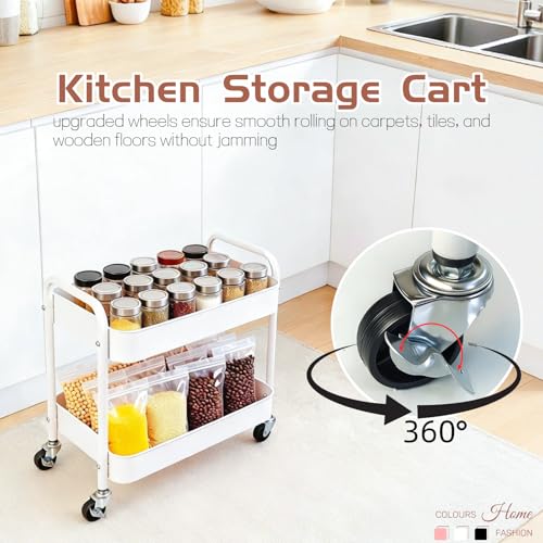 White 2-Tier Rolling Cart with Hooks for Under Desk & Pantry Storage - LIWNYRK