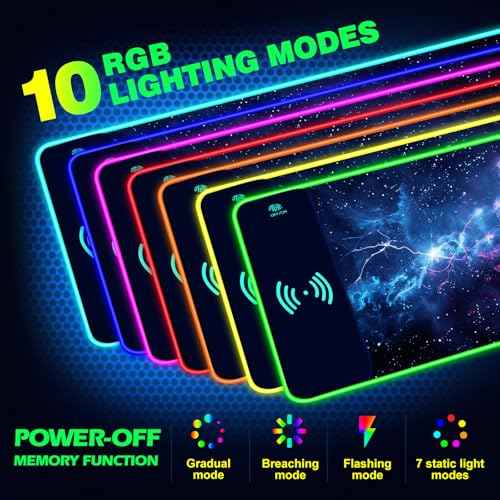 AIMSA RGB Gaming Mouse Pad with Wireless Charging, Large Keyboard Mouse Pad with 14 LED Light Modes, Non-Slip Rubber Base Waterproof Desk Pad for Home Office Decor, Blue Purple Cosmic Nebula