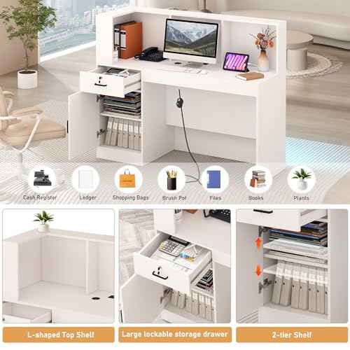 55" Reception Desk with LED Lights Power Outlets,L-Shaped Modern Front Desk Reception Room Table with Cable Grommet,Lockable Drawers,Retail Checkout Counter for Lobby,Salon,Home Office Desk,White