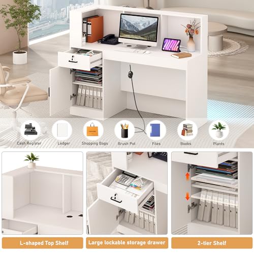 Hlivelood White 55-Inch Reception Desk with LED Lights, Lockable Drawers & Power Outlets