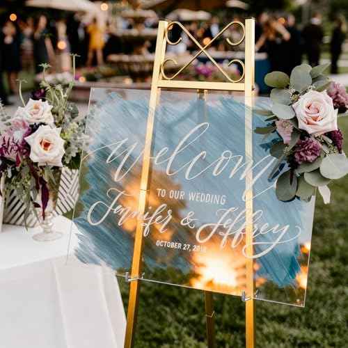 56" Gold Easel Stand for Wedding Signs ? Adjustable Height Metal Display Easel with Chain Support, Heavy Duty Floor Standing Easel for Art, Posters, Pictures, Paintings, and Party D?cor