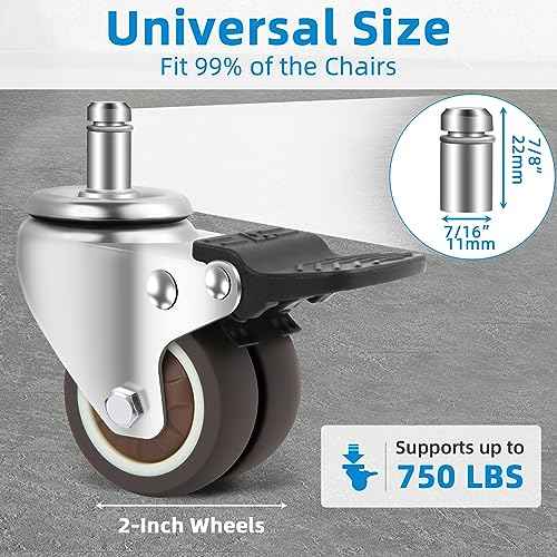 W B D WEIBIDA Office Chair Wheels with Brake Set of 5 Rubber Replacement Caster for Chair Wheels 2 Inch Heavy Duty Universal Wheel for Work, Desk and Gaming Chair Safe for All Floors