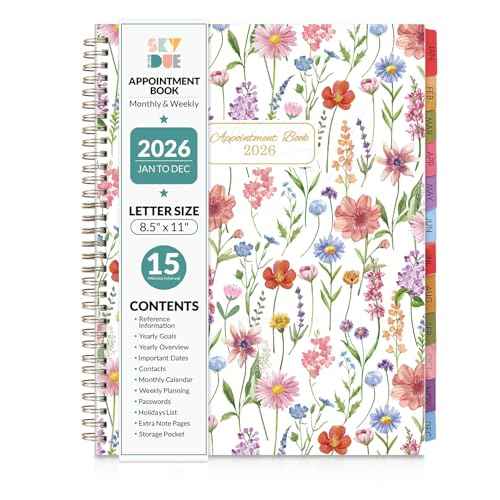 SKYDUE 2026 Appointment Book, 8.5" x 11", Hourly Planner with 15 & 30-Minute Increments, Weekly & Monthly Planner for January - December 2026, Perfect for Daily Planning, Flower