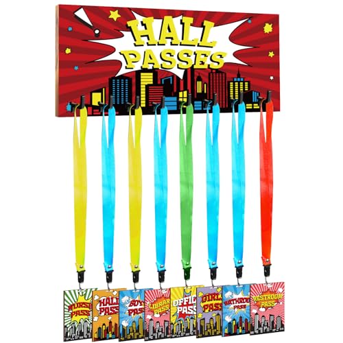 City Hero Wooden Hall Passes Set for Classroom Management with Lanyards - Multi-Colored Teacher Supplies