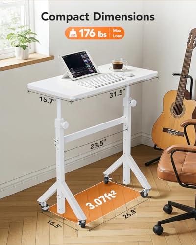 ErGear White Adjustable Standing Desk 32x16 Inch, Height Up to 46.5" with Lockable Wheels