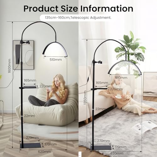 Lash Light for Eyelash Tech,LED Half Moon Floor Lamp for Esthetician, Tattoo Artists,Nail Tech, Skincare Adjustable Brightness and Height Esthetician Light with Phone Holder and Tool Tray