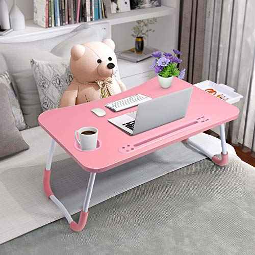 Slendor Lap Desk with Tablet Slot, Foldable Laptop Table with Storage Drawer for Bed£¬Portable Bed Desk for Laptop, Computer Tray with Cup Holder Notebook Stand Reading Holder for Couch Floor, Pink