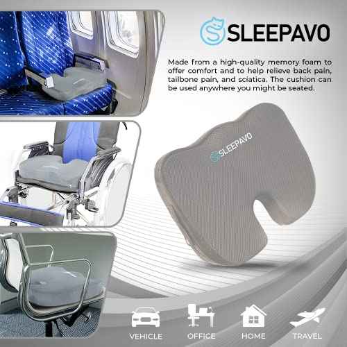 Sleepavo Gray Memory Foam Seat Cushion for Office Chair - Cooling Gel Pillow for Sciatica Coccyx Back Tailbone and Lower Back Pain Relief - Chair Pad for Lumbar Support in Office Desk, Car, Airplane
