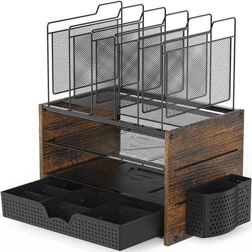 Simple Houseware Mesh Desk Organizer with Wooden Side Panel, Rustic Brown