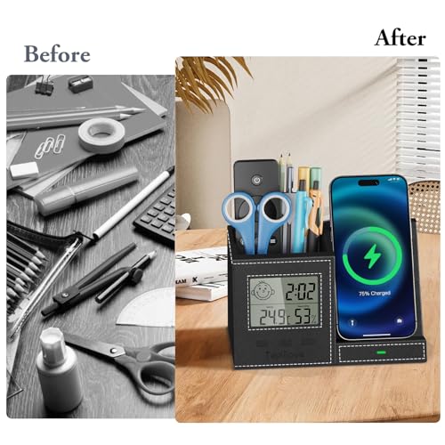 TopMade Wireless Charger with Pen Holder, Leather Desk Nightstand Organizer Home Office Supplies Pencil Holder Fast Charging Station, Digital Thermometer and Humidity Gauge Gifts for Men(Black)