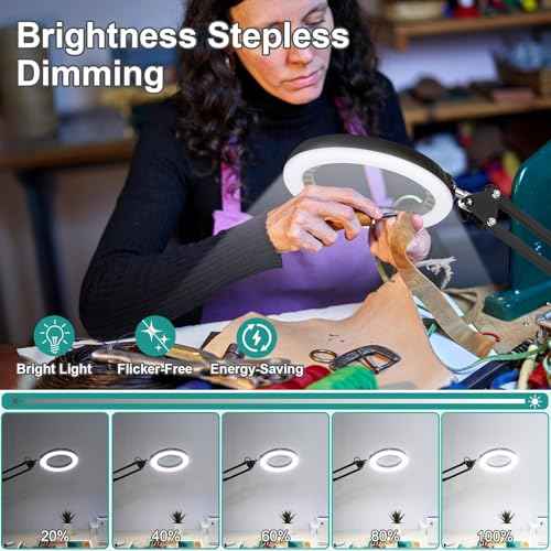 10X Magnifying Glass with Light and Clamp, 5-Inch Real Glass Lens, LED Lighted Magnifier Hands Free with Swivel Arm, 5 Color Modes Brightness Steepless Dimmable, Stand Desk Lamp for Close Work, Craft