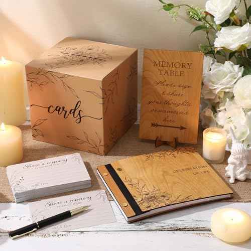 Yexiya 64 Pcs Celebration of Life Guest Book Set, Cherry Wood Funeral Guestbook with Floral Laser Engraving, 60 Share a Memory Cards, Card Box, Sign & Pen for Memorial Service Farewell Party