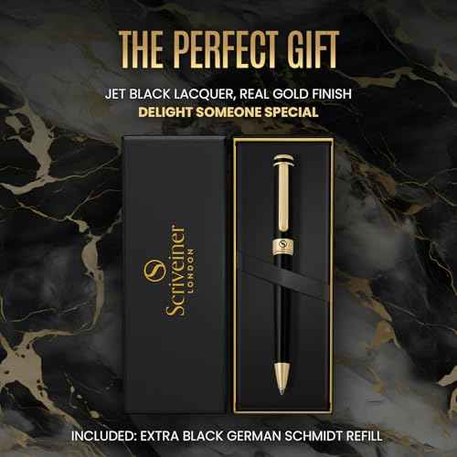 Scriveiner Black Lacquer Ballpoint Pen -Stunning Luxury Pen, Real Gold Plating, Schmidt Black Refill, Best Gift Set for Men & Women, Professional Executive Office, Nice Fancy Designer Pens