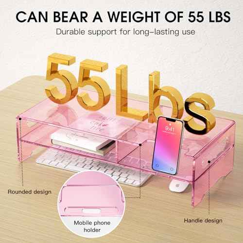 Pink Acrylic Monitor Stand Riser, 2-Tier computer stand with Storage, clear monitor stand for desk Suitable for laptops, printers, TV£¬desk organization With phone holder