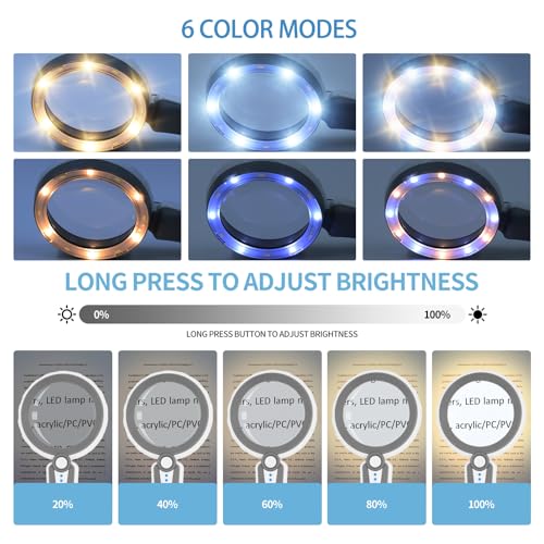 45X Magnifying Glass with Light, 4.6" Large Handheld Magnifier, 6 Color Modes, 1200mAh USB Rechargeable for Low Vision Seniors with Macular Degeneration, Reading, Jewelry, Coins - Grey