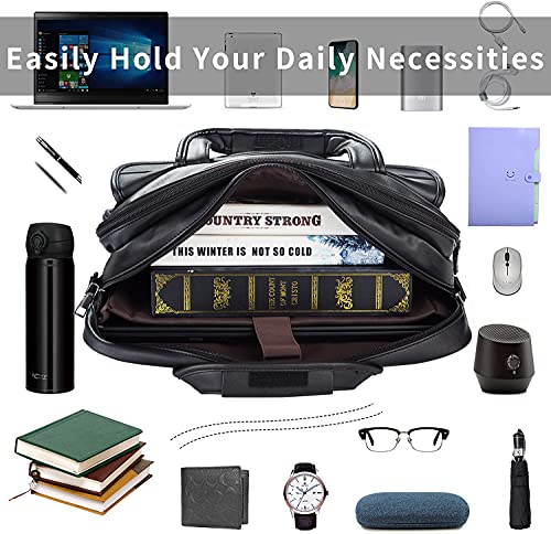 Seyfocnia Men’s Leather Business Briefcase Messenger Bag 17.3" Laptop Black