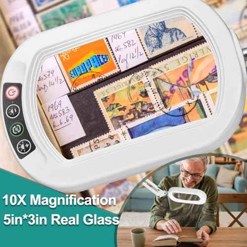 10X Rectangle Magnifying Glass with Light, 5 Color Modes Stepless Dimmable Magnifier with Stand, LED Lighted Clamp Desk Lamp with Swing Arm, Hands Free for Reading Painting Close Work - White