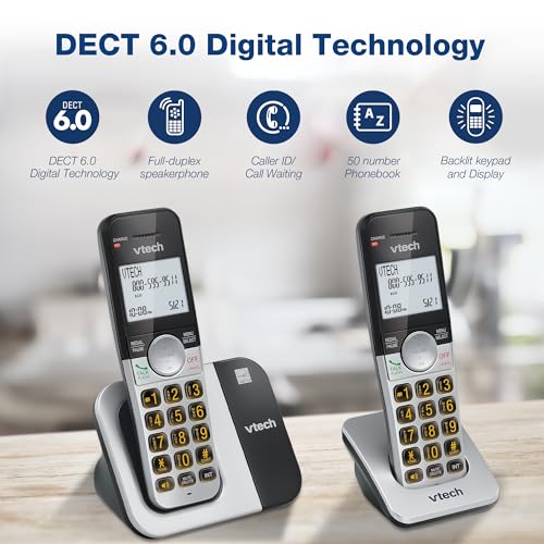 VTech Cordless Phone 2-Handset with Large Display and Big Buttons, DECT 6.0 with Caller ID/Call Waiting, Full Duplex Speakerphone, ECO Mode, Last 10 Number Redial, Easy to Use,VG231-2