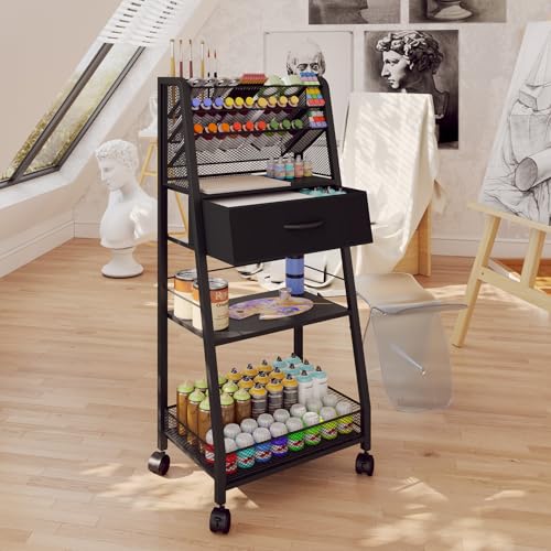 3 Tier Rolling Cart - Metal Utility Cart with Storage Drawer and Wheels, Versatile Art & Craft Organizer for Home, Office, or Studio - Ideal for Storing Brushes, Paints, and Supplies£¨Black£©