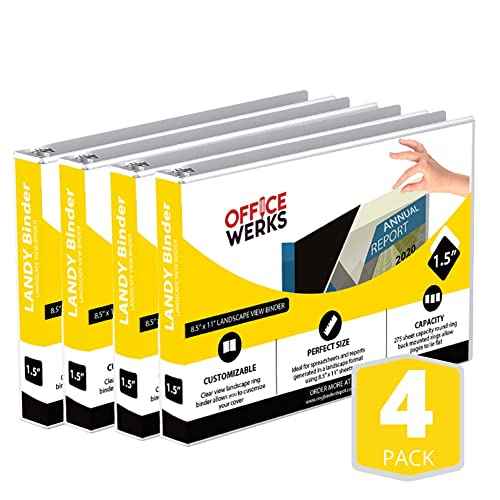 4 Pack of 8.5" X 11" Landscape View Binder, 3-Ring 1.5 Inch Capacity Round Ring, White Horizontal Formatted with Clear Cover Pockets for Documents, Spreadsheets, Projects and More