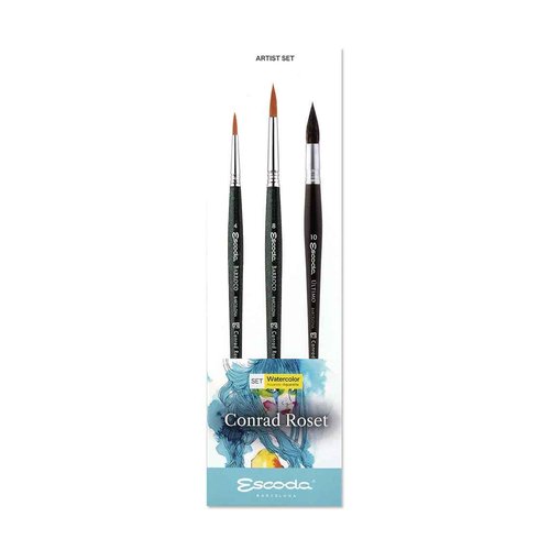 Escoda | Watercolour | Artist Set Conrad Roset | Size 4,8,10 | 3 Brushes | Synthetic Gold Toray + Tendo | Round mop + Round Pointed