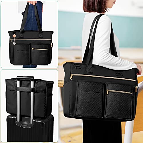 Fasrom Black Teacher Tote Bag for Women with 6 Exterior Pockets, 15.75in Laptop Sleeve
