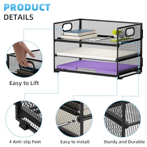 Marbrasse 3 Tier Paper Organizer Letter Tray, Mesh File Organizer with Handle, Paper Sorter Desk Organizer for Home Office Supplies